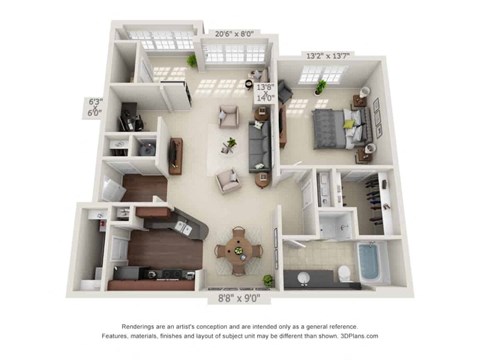 Floor plan for 1 bed, 1 bath, 1075 sqft
